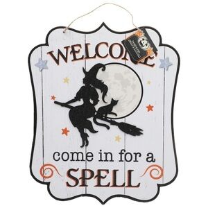 NWT Glitter Vintage Halloween Witch Welcome Come In For A Spell Door Wall Signs